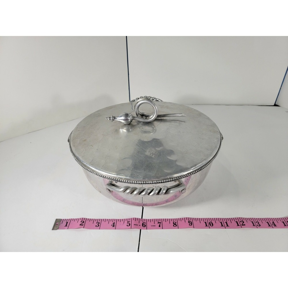 1950s Hand Hammered Aluminum Casserole Server with Pyrex Bowl Glass Insert